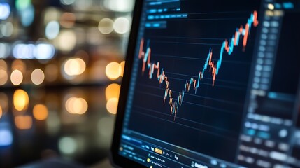 Close-up view of a computer screen displaying a dynamic stock market chart with rising and falling trends, set against a blurred city night lights background. : Generative AI