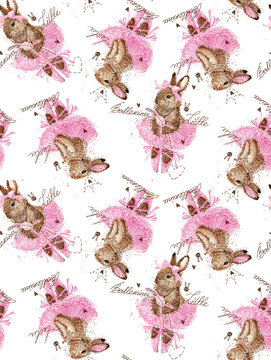 A seamless watercolor - style pattern showcases brown baby bunnies donning pink tutus on a white background, with glitter and sparkles adding a touch of magic. The words "Bunny Ballet" in cursive font