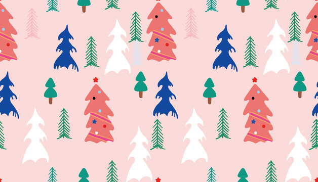 High resolution (300 dpi) and high definition seamless vector graphics of a cute Christmas tree pattern. Set against a pastel pink background, the design features a colorful cartoon style with simple 