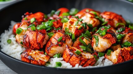 Fototapeta premium Grilled lobster pieces served over white rice, garnished with fresh chopped green onions in a black bowl.