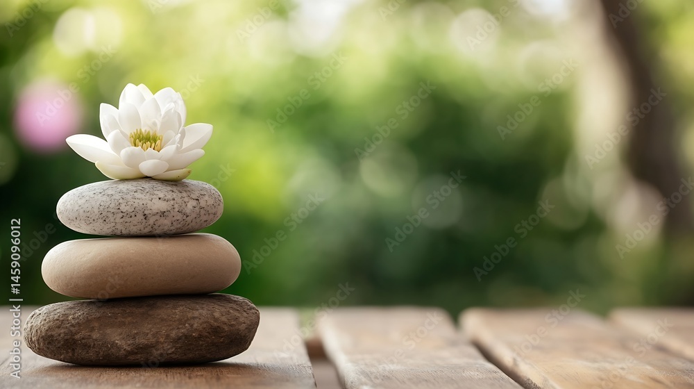 Poster serene white water lily atop a balanced stack of three smooth stones, resting on a rustic wooden sur
