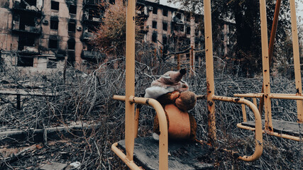 ruined street and destroyed houses in Ukraine