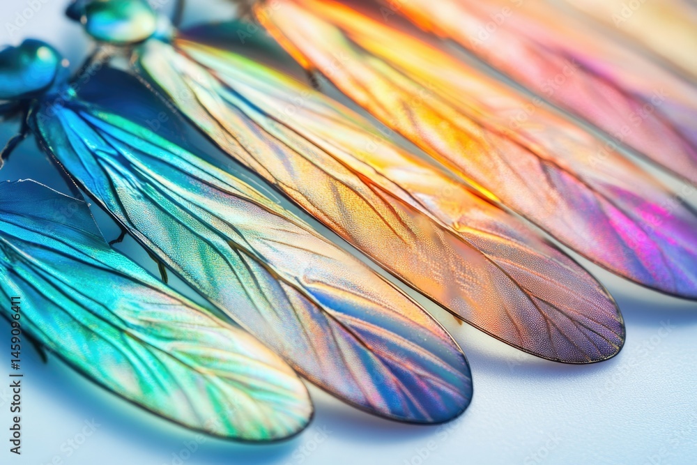 Poster vibrant iridescent insect wings arranged in a row, showcasing their intricate patterns and vibrant c