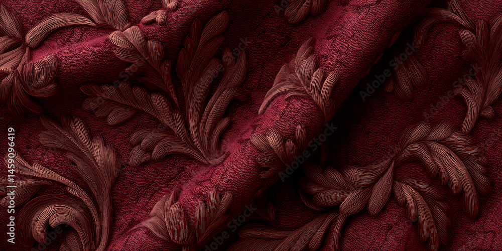 Poster dark red fabric texture with embossed floral pattern, showcasing a rich and luxurious appearance, id