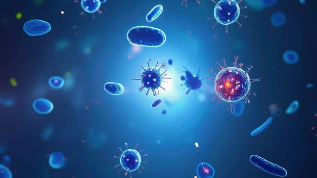 3D microscopic scene showing T lymphocytes (T cells)  with glowing surfaces and immune response particles floating, dramatic lighting - generative ai