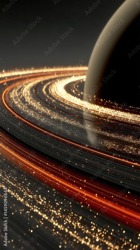 Poster a mesmerizing cosmic scene featuring a planet's luminous rings, swirling with golden and orange part