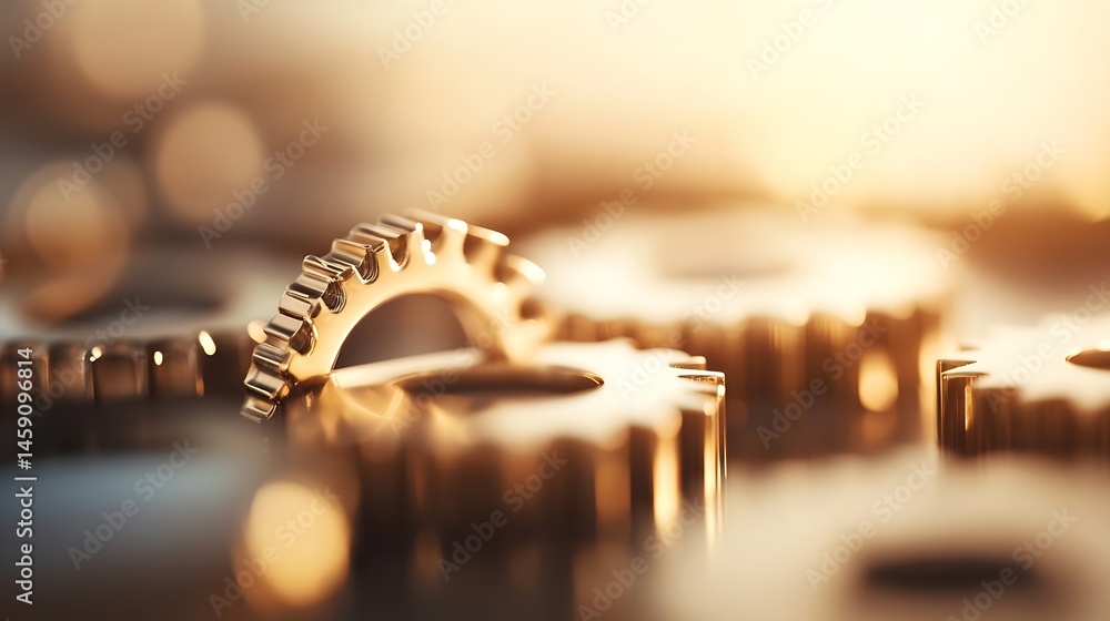 Poster close-up of metallic gears interlocked, bathed in warm sunlight, suggesting concepts of teamwork, pr