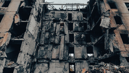 ruined street and destroyed houses in Ukraine