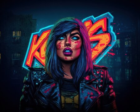 Stylized illustration of woman with blue hair, leather jacket, blood splatter, graffiti kys and night cityscape