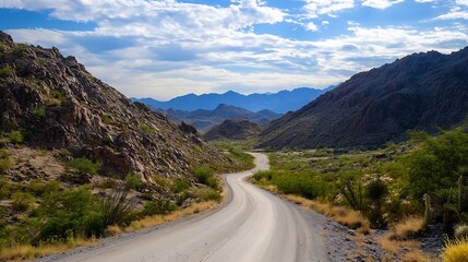 Fototapeta premium A winding dirt road cuts through a dramatic desert canyon, mountains rising on either side under a partly cloudy sky. The scene evokes a sense of adventure and exploration in a remote : Generative AI