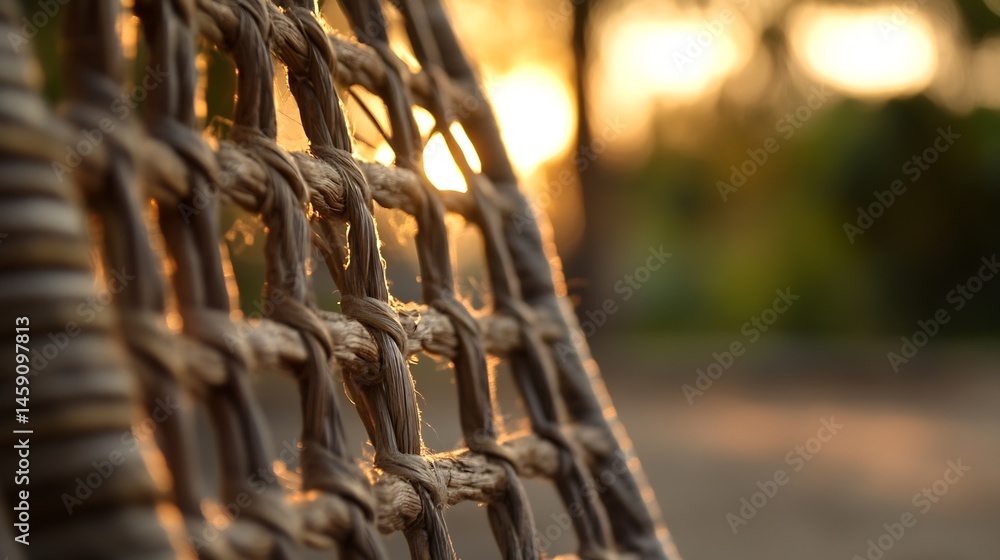 Poster Close-up view of woven rattan texture, illuminated by warm sunset light, creating a detailed pattern of natural fibers and shadows. : Generative AI