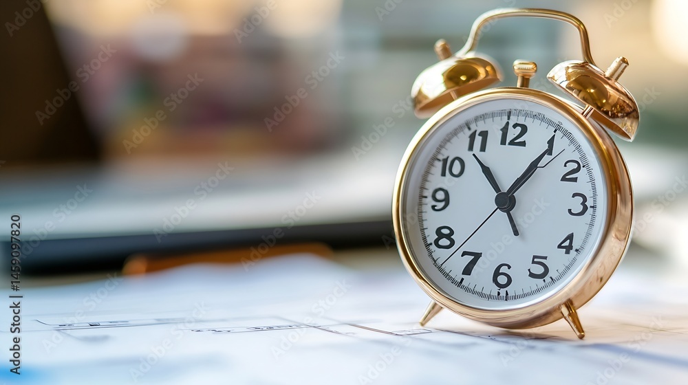 Poster a gold alarm clock rests on architectural blueprints, suggesting a deadline or time management in a 