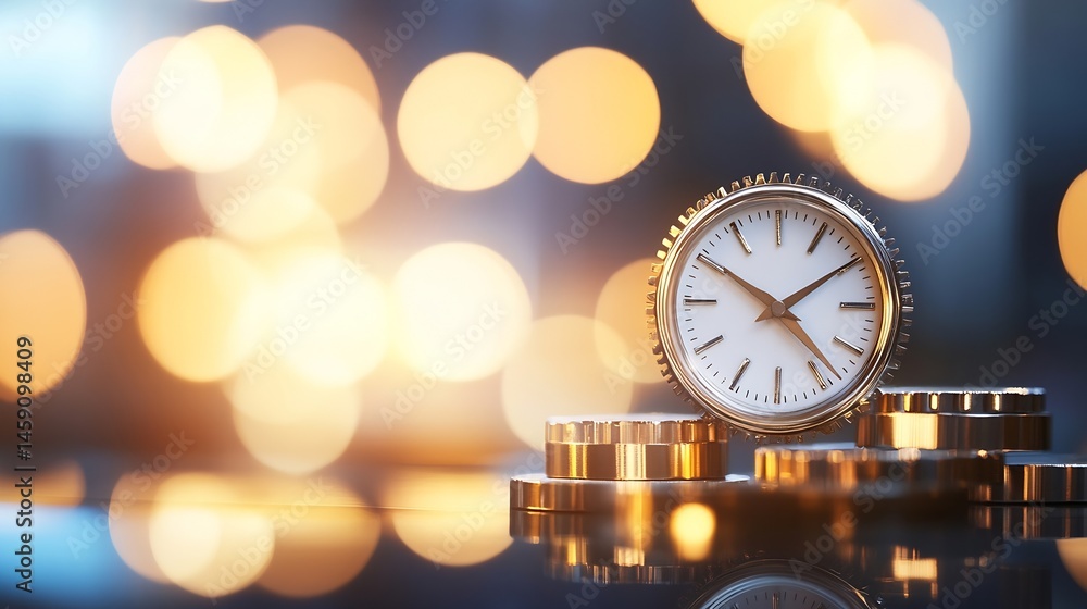 Poster a gold clock rests on a stack of gold coins, set against a bokeh background of warm, blurry lights. 