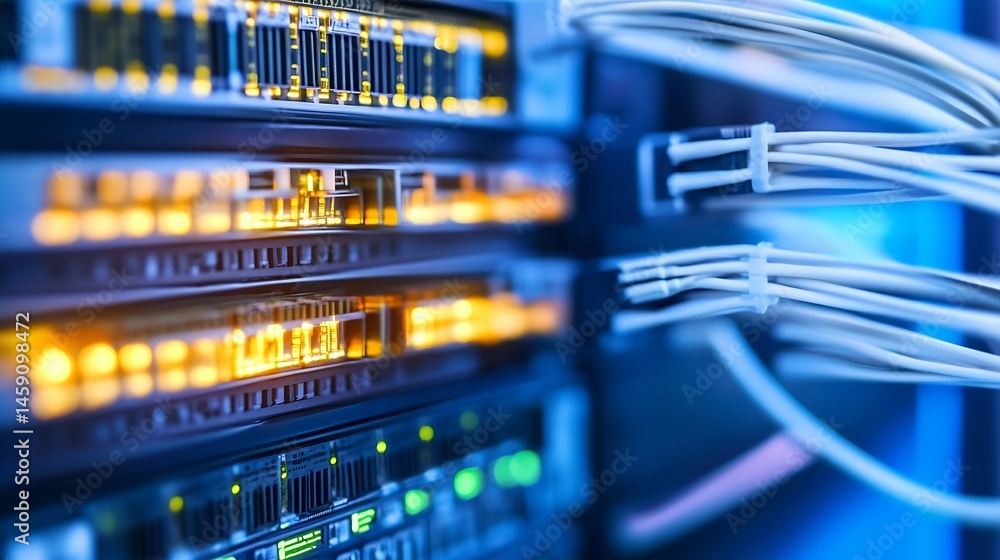 Aufkleber close-up view of a server rack with illuminated ports and fiber optic cables, showcasing modern data