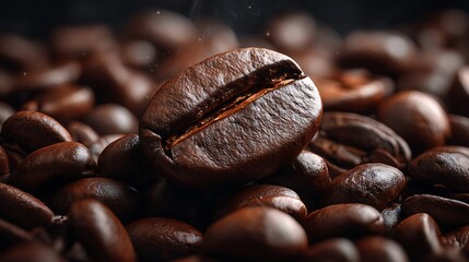 Fototapeta premium Roasted arabica coffee bean texture top view close-up dark brown coffee background flatlay glossy mockup