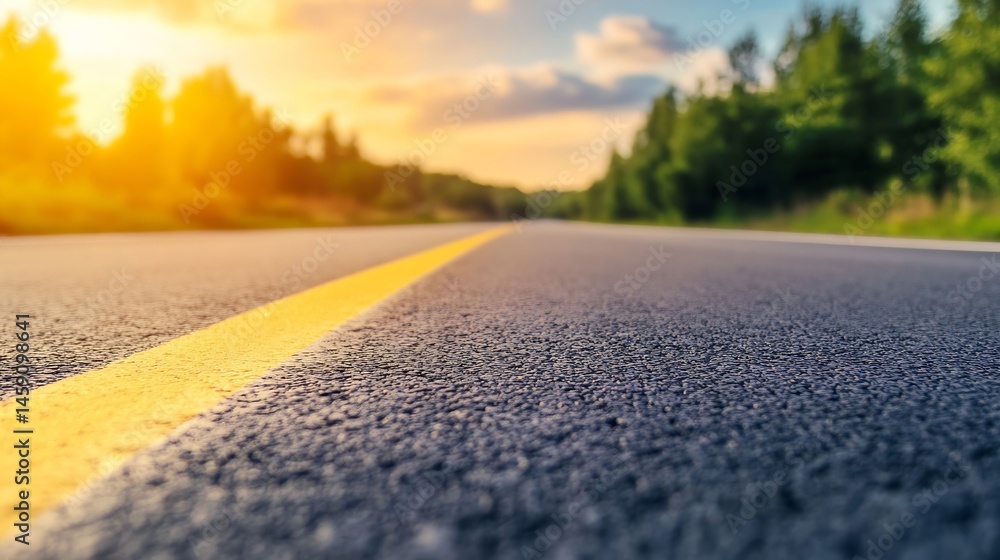 Poster close-up view of a yellow line on an asphalt road stretching towards a sunlit horizon, bordered by l
