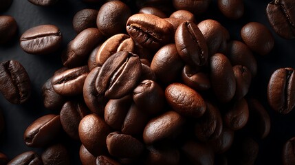 Obraz premium Roasted arabica coffee bean texture dark brown background flatlay glossy close-up top view mockup