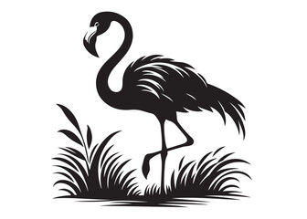 Vector flamingo logo silhouette vector, silhouette of flamingo logo icon, tropical wildlife flamingo logo silhouette, simple black an white flamingo vector silhouette isolated on a white background