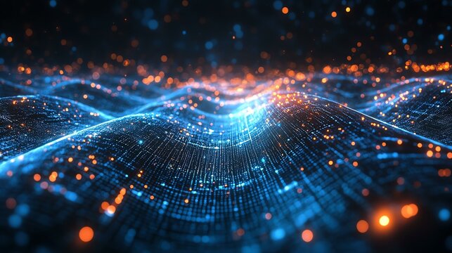 Abstract representation of digital waves with glowing points, illustrating connectivity and modern technology concepts.