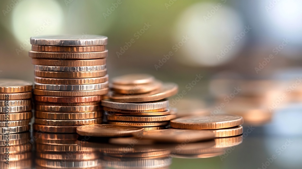 Poster close-up view of several stacks of copper and silver coins, reflecting on a dark surface against a b