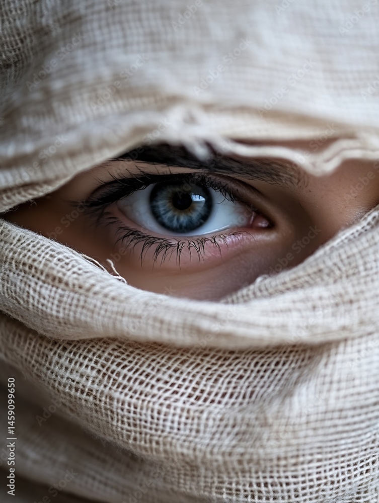 Aufkleber Close-up of a woman's eye peeking from behind a beige, textured fabric, creating a mysterious and intriguing visual. : Generative AI
