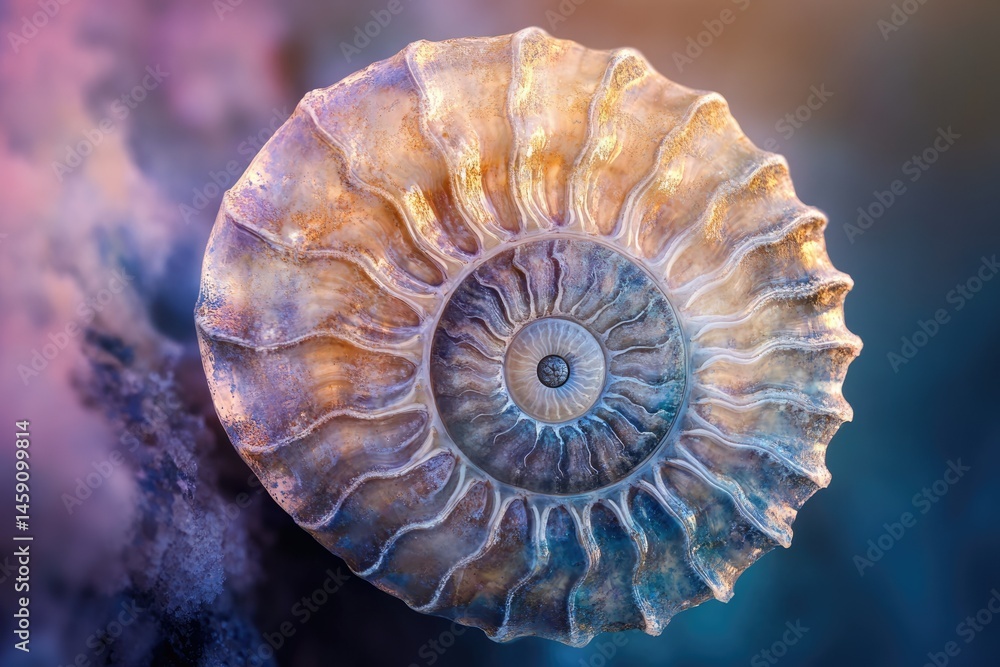 Poster a mesmerizing ammonite fossil, showcasing intricate spiral patterns and iridescent colors.