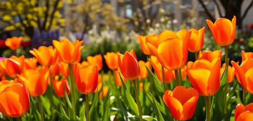 Vibrant orange tulips bask in sunlight, showcasing a lush spring floral display, sunlight, fresh