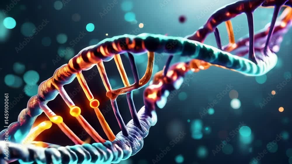Poster complex dna structure twists against a dark background, illuminated by glowing spheres of light show