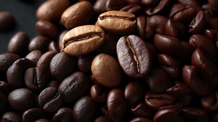 Fototapeta premium Glossy coffee bean texture and roasted arabica flatlay dark brown coffee mockup close-up background