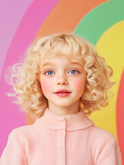 A joyful portrait series of a curly-haired child with bright blue eyes, set against soft pink and rainbow-themed backdrops. Full of warmth, innocence, and charm—ideal for children's products.