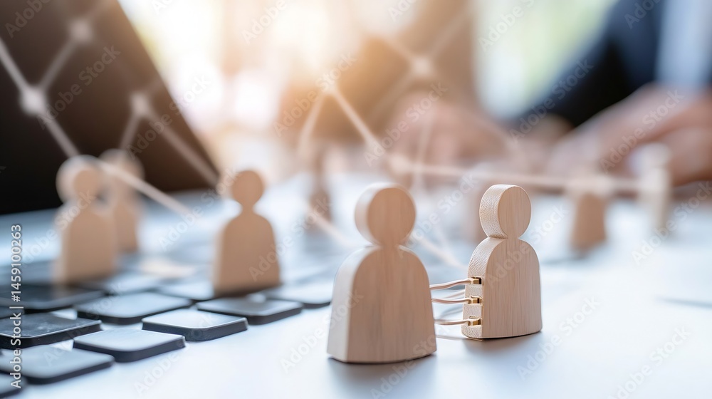 Poster wooden figures representing network connection, symbolizing teamwork and collaboration in a modern o