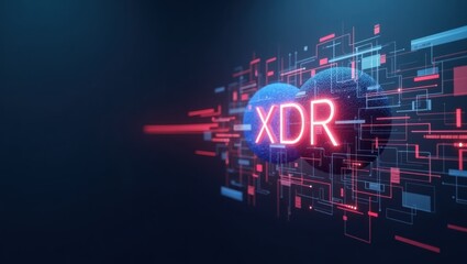 Xdr. Cosmic Digital Dream. Abstract futuristic concept. Futuristic screen displays word xdr against cosmic digital backdrop in surreal dreamlike state.