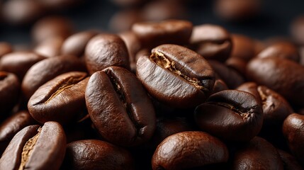 Fototapeta premium Roasted arabica coffee bean texture dark brown glossy close-up coffee background flatlay top view