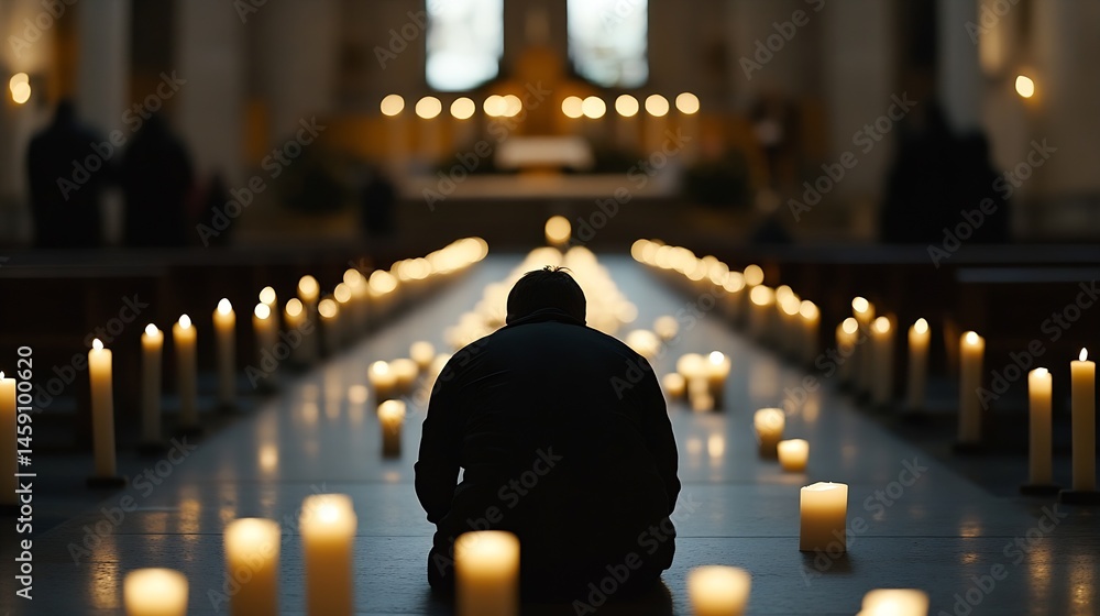 Poster a lone figure kneels in prayer amidst a pathway of illuminated candles within a dimly lit church, cr