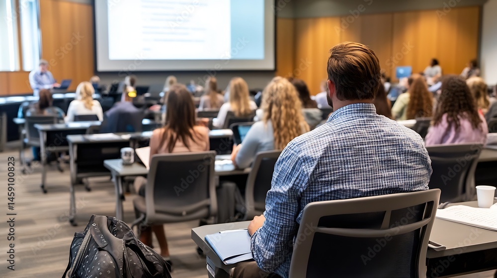 Aufkleber Attentive students seated in a lecture hall, focused on a presentation displayed on a large screen, showcasing a modern learning environment. : Generative AI