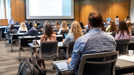 Fototapeta premium Attentive students seated in a lecture hall, focused on a presentation displayed on a large screen, showcasing a modern learning environment. : Generative AI