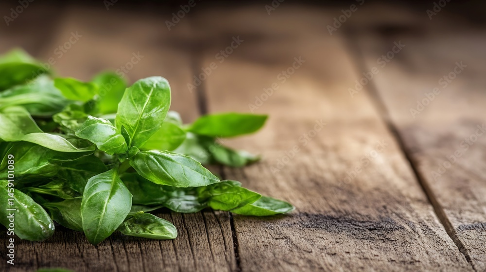 Poster fresh basil leaves on rustic wooden surface, close-up view showing vibrant green color and texture d