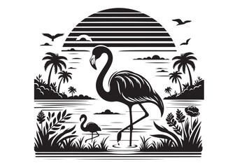 Vector flamingo logo silhouette vector, silhouette of flamingo logo icon, tropical wildlife flamingo logo silhouette, simple black an white flamingo vector silhouette isolated on a white background