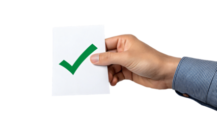 hand holding a check mark on paper isolated