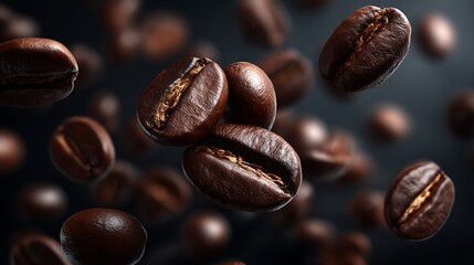 Fototapeta premium Roasted arabica coffee bean texture dark brown coffee background flatlay glossy close-up top view