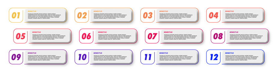 Bullet points numbers from 1 to 12 list markers set colorful trendy typography