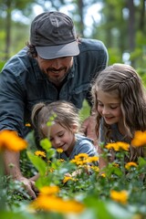 Fototapeta premium Father and Daughters bonding over flowers: A heartwarming scene of a father and his two daughters, bonding over a vibrant array of flowers in a flourishing garden.