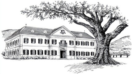 Black and White Line Drawing of Rustic Building and Large Tree