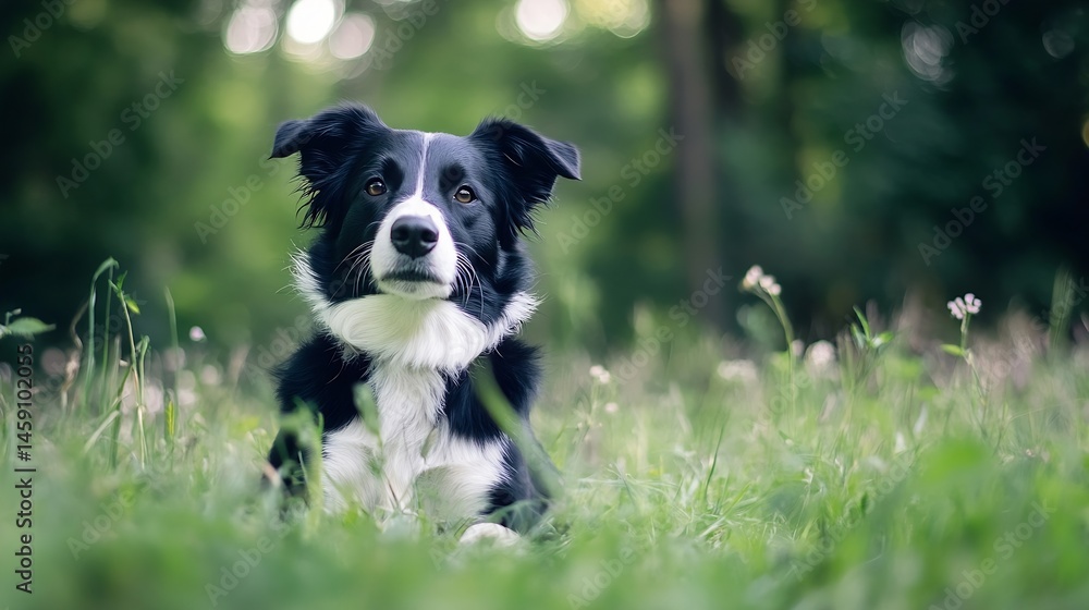 Aufkleber a beautiful border collie dog sits patiently in a lush green meadow, surrounded by wildflowers and s