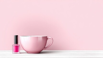 Pink teacup and nail polish on white surface