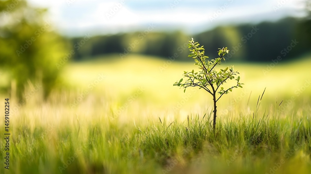 Aufkleber A small sapling tree stands tall in a vibrant green field, bathed in soft sunlight against a blurred backdrop of trees and hills.  The scene evokes feelings of growth, nature, and tran : Generative AI