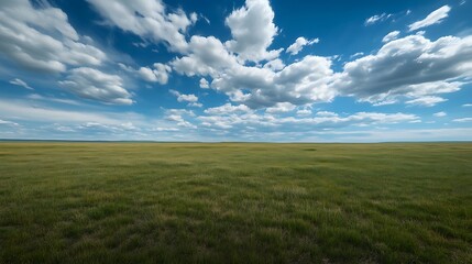 Obraz premium Expansive green field under cloudy blue sky