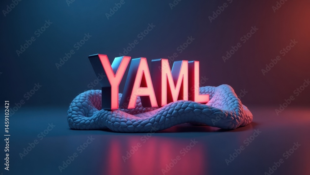 Poster yaml. futuristic word illuminated. abstract futuristic concept. glowing, red-and-blue-lit word symbo