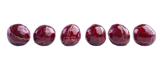 Pack of Seven Red Cherries in a Row Perfect for Food Bloggers and Designers set against transparent background