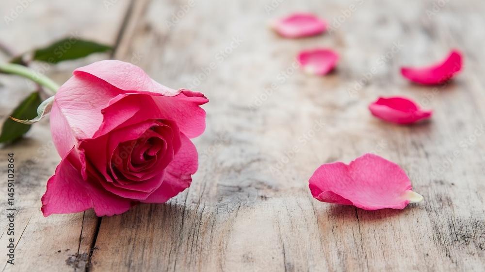 Poster single pink rose with scattered petals rests on weathered wooden surface, creating a romantic and de